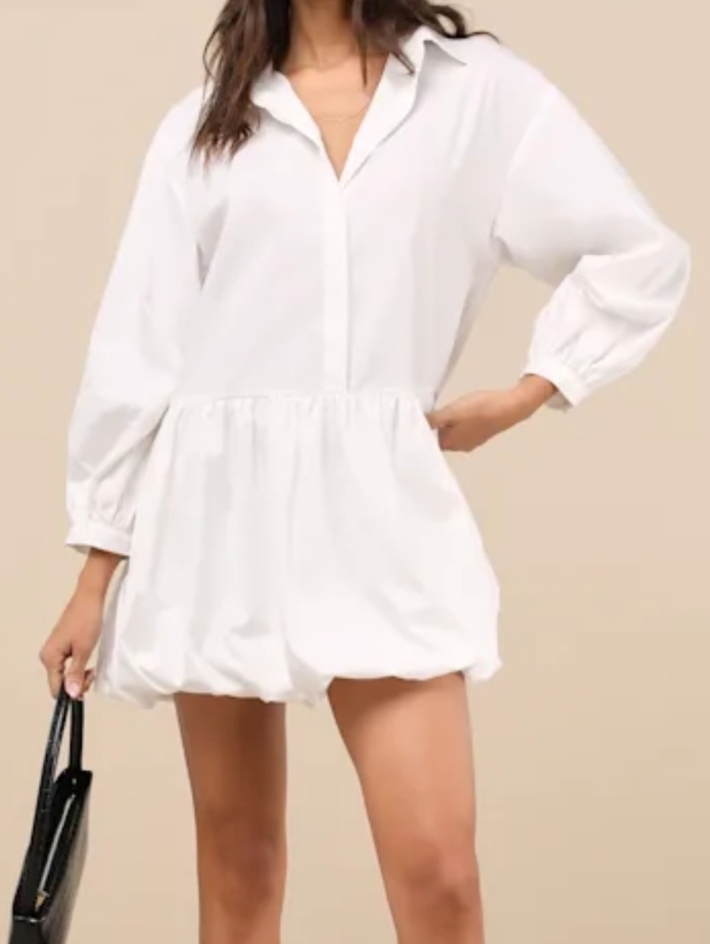 Lulus Sophisticated Delight White Collared Bubble-Hem Mini Dress Hidden Buttons